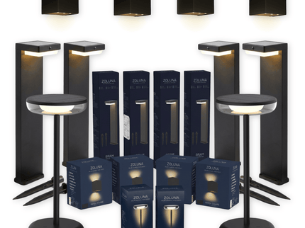 Pakketdeal ZOLUNA 4x priklamp Bram + 4x wandlamp Marga rond + 2x tafellamp Bobbie zwart