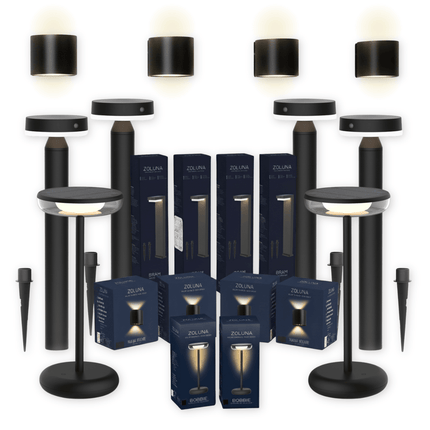 Pakketdeal ZOLUNA 4x priklamp Guus + 4x wandlamp Marga rond + 2x tafellamp Bobbie zwart