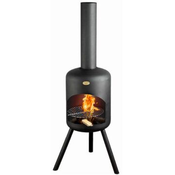 BonFeu BonSelo chimenea exterior negro producto foto con fuego y parrilla
