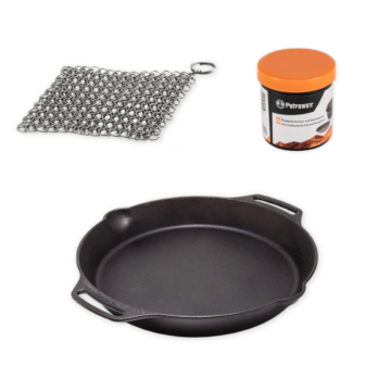 Pack ahorro Petromax sartén con2 asas 15 cm + scrub acero inox. + cera de mantenimiento