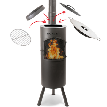 BonFeu BonGiano LP chimenea exterior negro con accesorios de barbacoa
