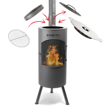 BonFeu BonTino chimenea exterior negro con accesorios de barbacoa
