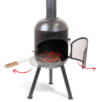 BonFeu BonSolo negro chimenea exterior producto foto con parrilla
