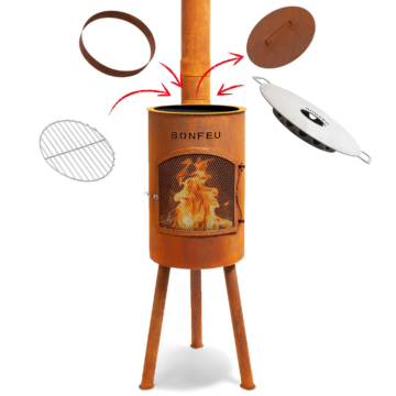 BonGiano SP Corten Chimenea exterior de acero con fuego y pantalla de chispa abierta
