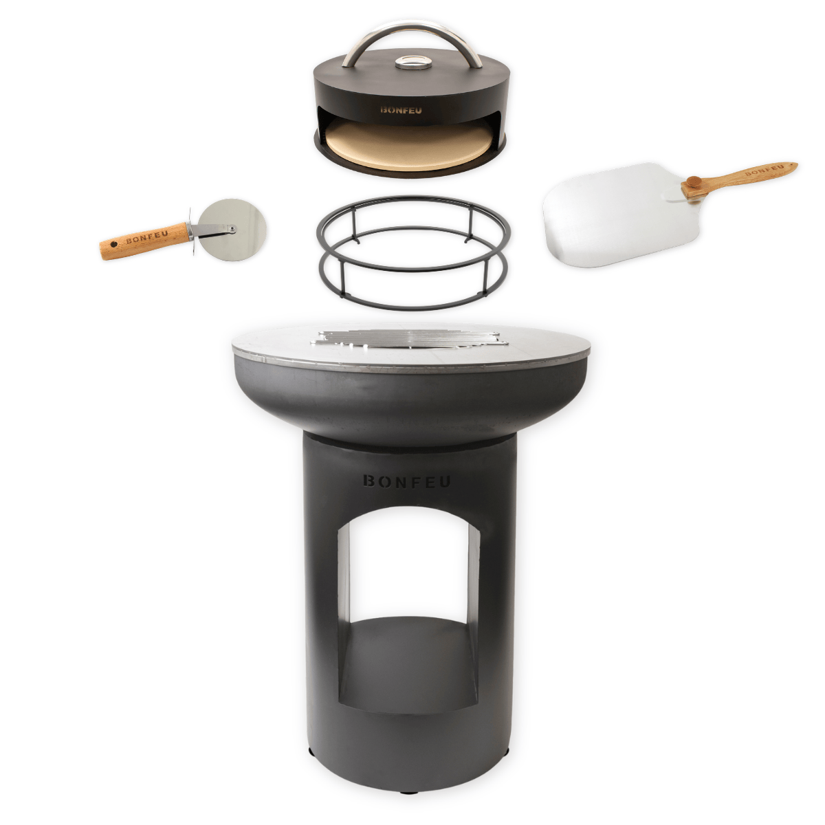 Pack ahorro BonFeu BonBiza abierto negro + horno para pizza + soporte + pala para pizza + cortador de pizza
