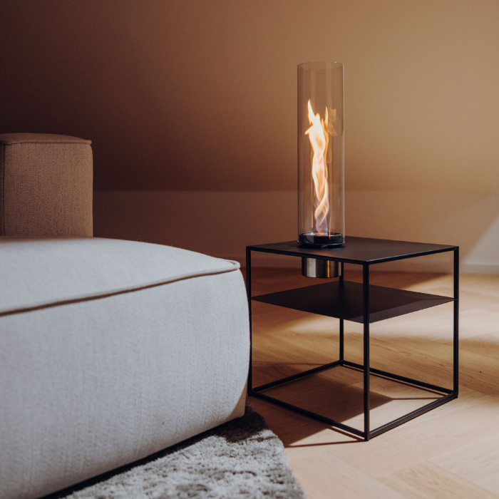 Mesa de salón FIRE FRAME con chimenea de mesa empotrable SPIN air 1200 höfats