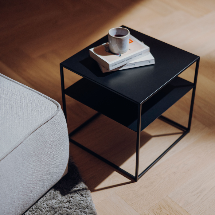 Mesa de salón FIRE FRAME con chimenea de mesa empotrable SPIN air 1200 höfats